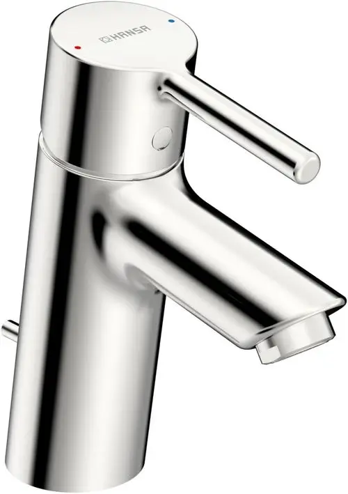 Waschtischarmatur in Chromfinish mit einem Pinhebel für Temperatur- und Mengenregulierung. Markenlogo "HANSA" sichtbar.